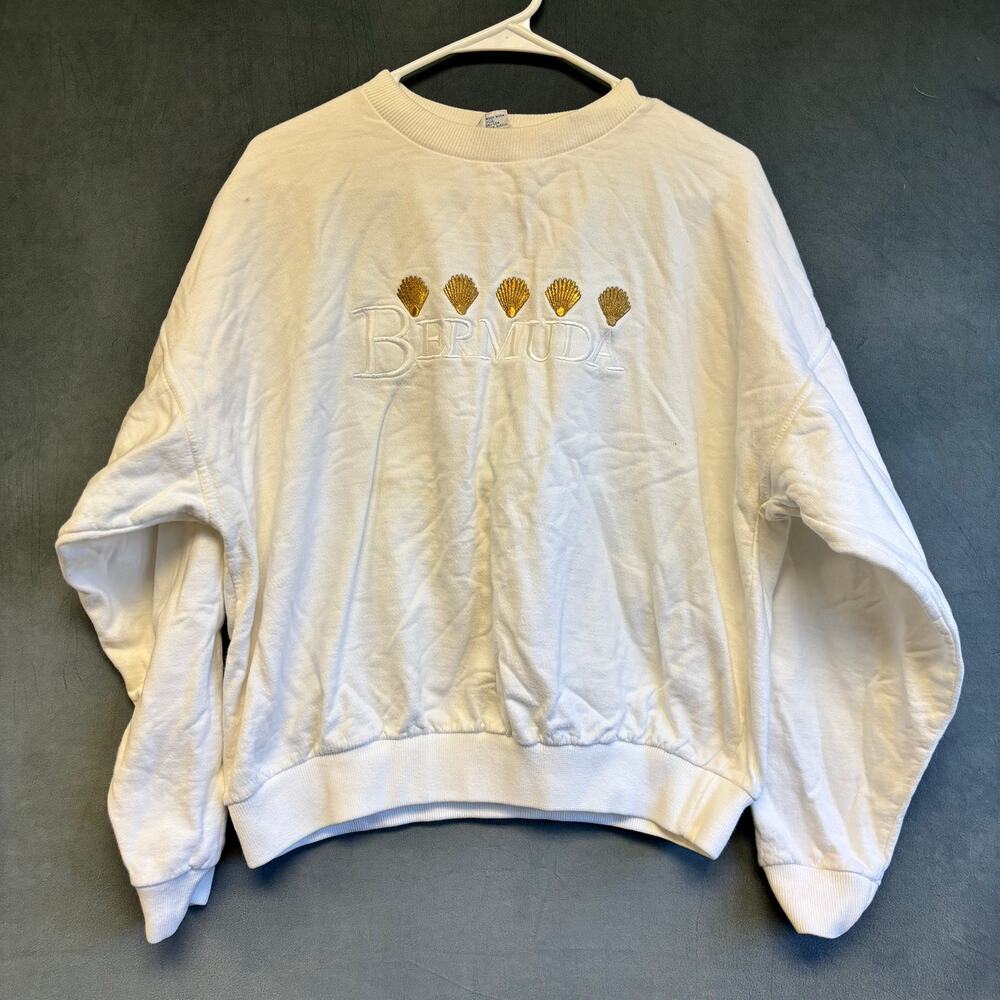 Vintage Davison’s of Bermuda White Embroidered Sweatshirt M Gold Shells